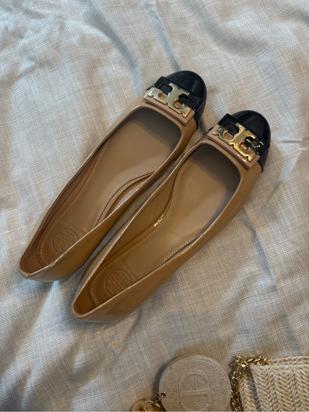 Tory Burch Tan Leather Flats with Black Patent Toe and Gold Logo